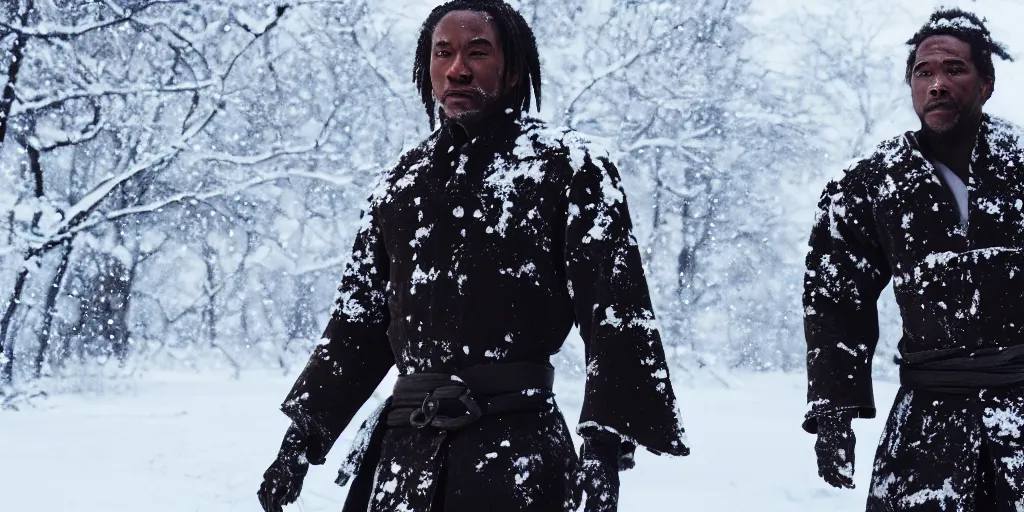 Image similar to a film still of a black man in the snow starring in a japanese blockbuster film as yoshimitsu, shallow depth of field, cinematic, award winning cgi, vfx, film still