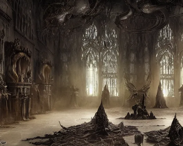 Image similar to king of the wolves - fantasy, inside the king's hall wolves and their treasures, ethereal, ominous, misty, 8 k, by h. r. giger and greg rutkowski