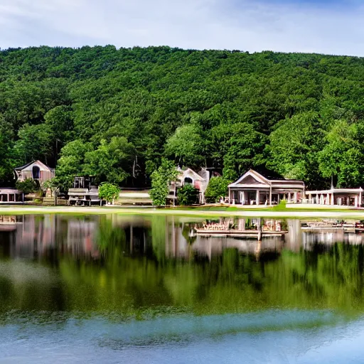 Image similar to A beautiful resort alongside a lake in Maryland. The lake also has sand surrounding it. The sun is shining and can be seen reflecting off of mountains in the distance