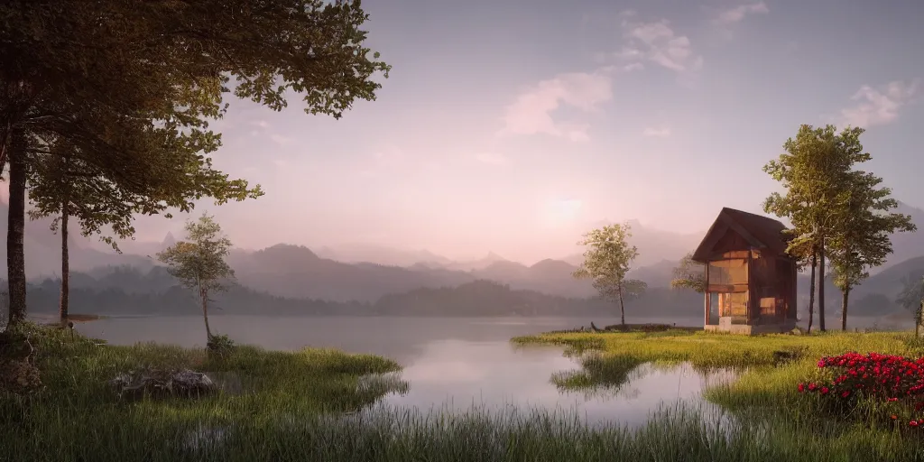 Image similar to a serene landscape with a singular building near a lake at sunrise, forest, mountains, clouds in the sky, concept art, octane render, unreal engine 5, trending on DeviantArt, highly detailed, high quality, 4K, low contrast, path traced, godrays, bloom, Ferdinand Knab, beautiful landscape, red flowers, trending on Artstation, soft lighting, hyperrealistic, digital art