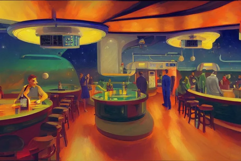 Prompt: a space station bar in jupiter with humans and aliens interacting and drinking, artstation, concept art by edward hopper, colorful lighting