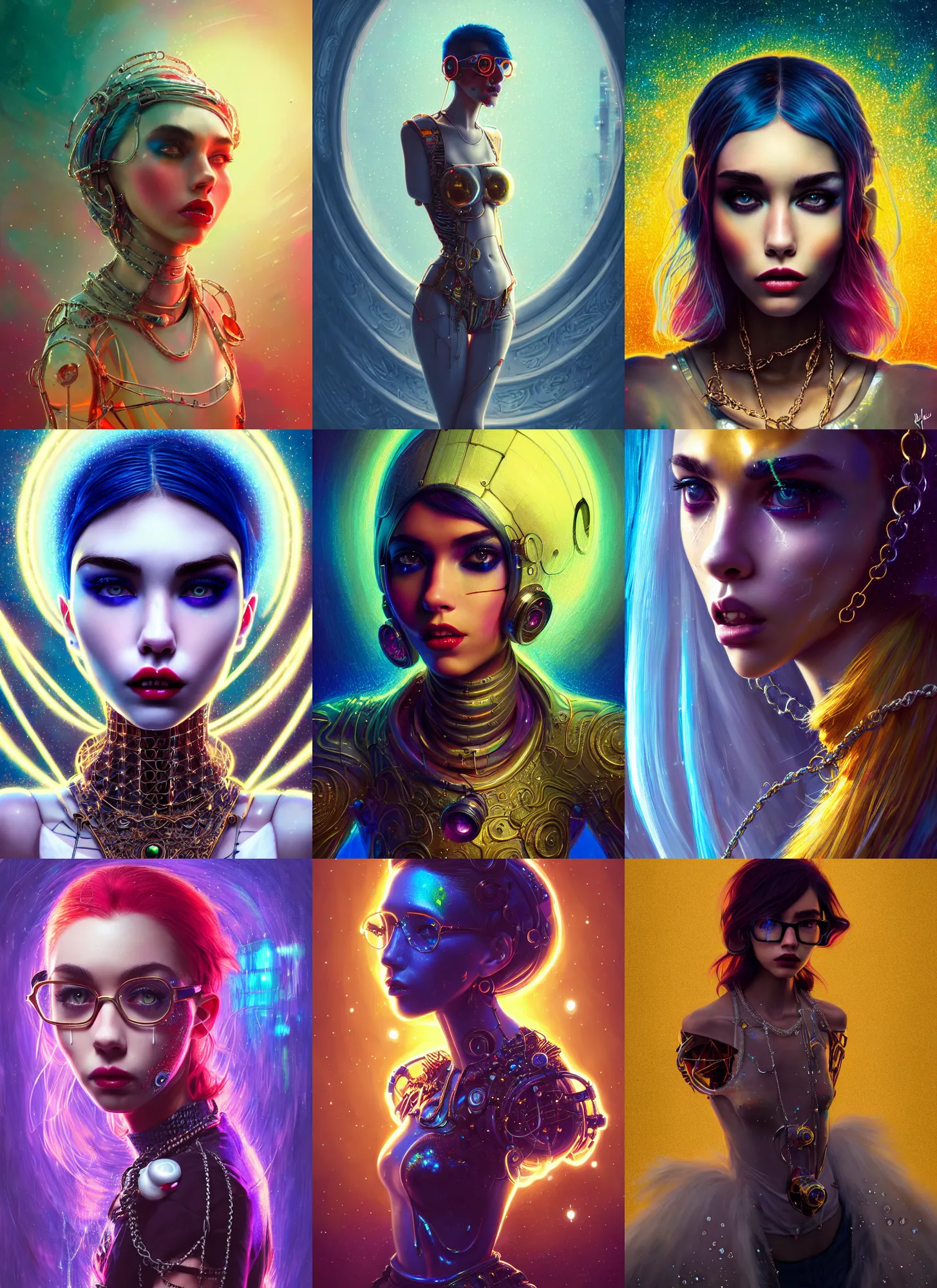 Prompt: disney 8 k photo, gorgeous shiny sweaty rich pearlescent chained white emo clowncore nerd cyborg madison beer, vogue, golden ratio spiral, sci fi, fantasy, cyberpunk, intricate, decadent, highly detailed, digital painting, octane render, artstation, concept art, smooth, sharp focus, illustration, art by loish, wlop