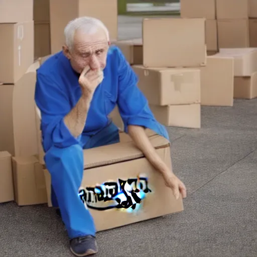 Image similar to Photo of a sad old man in an Amazon uniform holding an empty cardboard box