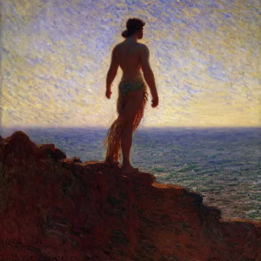 Image similar to a person standing on a cliff, looking out at the ocean, by gaston bussiere, craig mullins, j. c. leyendecker, claude monet