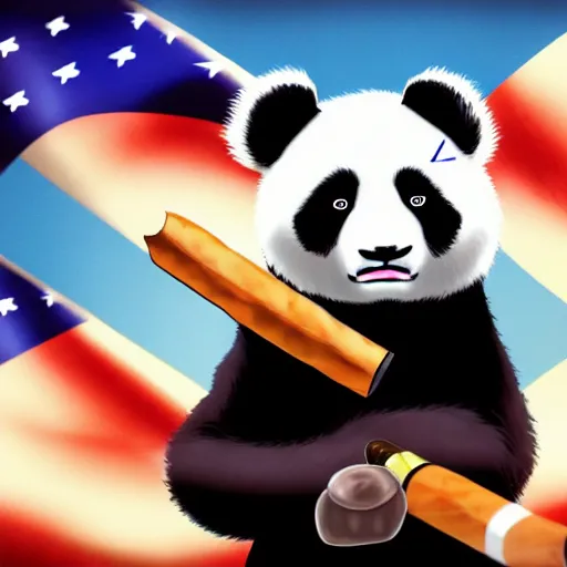 Prompt: patriotic anime panda bear smoking a cigar, 4 k, high resolution, still, landscape, hd, dslr, hyper realistic, illustration, anime