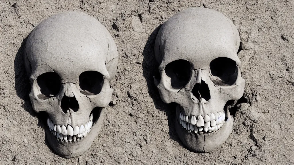 Prompt: a human skull made of Cement