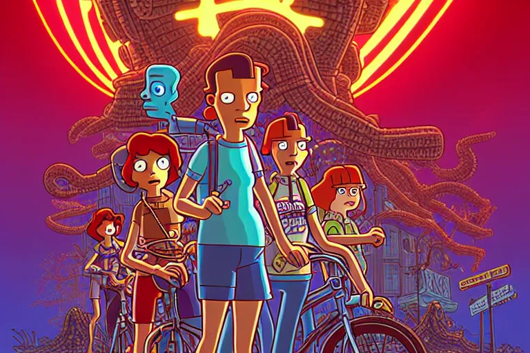 Image similar to scene from the animated version of Futurama Stranger Things with Eleven and Leela and Demogorgon, cartoon, detailed faces, high resolution, hyper detailed, intricate, illustrated, dramatic lighting, illustration, artstation, concept art, smooth, sharp focus, art by Alphonse Mucha and Matt Groening !n-9