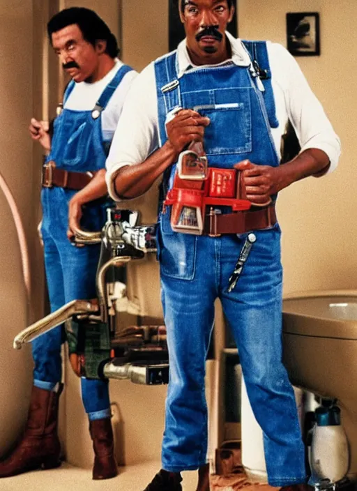 Image similar to an 8 0's john alvin action movie poster starring eddie murphy face as a plumber to rich people. bathroom. overalls. tool belt. the movie is called beverly hills crap