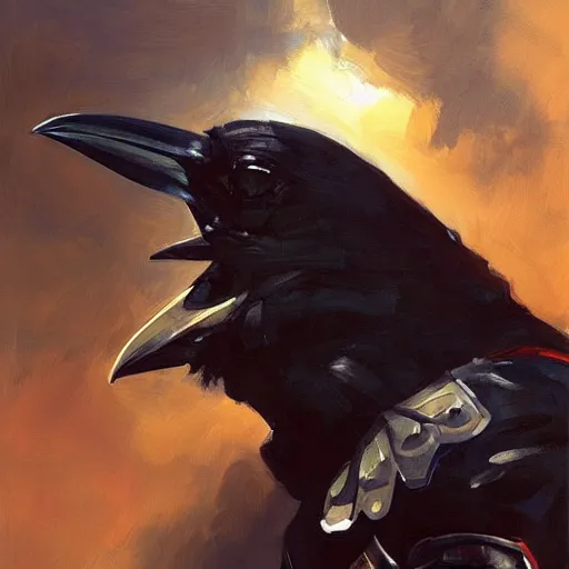 Prompt: greg manchess portrait painting of a crow inspired armor, open wings, medium shot, asymmetrical, profile picture, organic painting, sunny day, matte painting, bold shapes, hard edges, street art, trending on artstation, by huang guangjian and gil elvgren and sachin teng