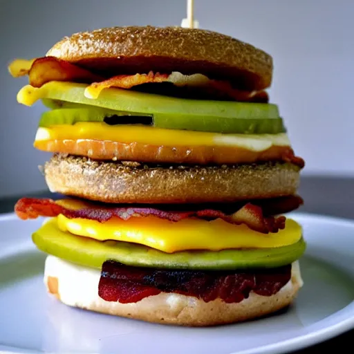 Prompt: 2 hamburger patties stacked on top of each other, medium well, slices of cheese, pickles, cheese, bacon melted