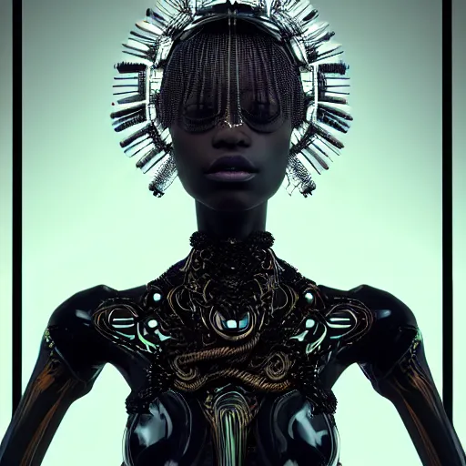 Image similar to portrait of an absurdly beautiful, graceful, sophisticated, fashionable black cyberpunk mechanoid gravure idol, hyperdetailed illustration by irakli nadar, maria borges, matt wisniewski style, intricate linework, dark skin, neon jellyfish headdress, intricate ivory carved ruff, unreal engine 5 highly rendered, global illumination, radiant light, detailed and intricate environment