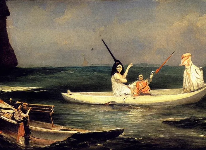 Image similar to a painting of the boat of charon in the river styx by felix resurreccion hidalgo