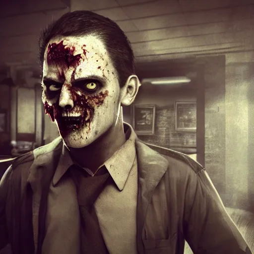 Image similar to waiter angry zombie, detailled realistic portrait with detailed body, restaurant interior, feeling of grimdark horror, daytime, high contrast, ultra intricate detailed, octane render, unreal engine, style of a dusk falls