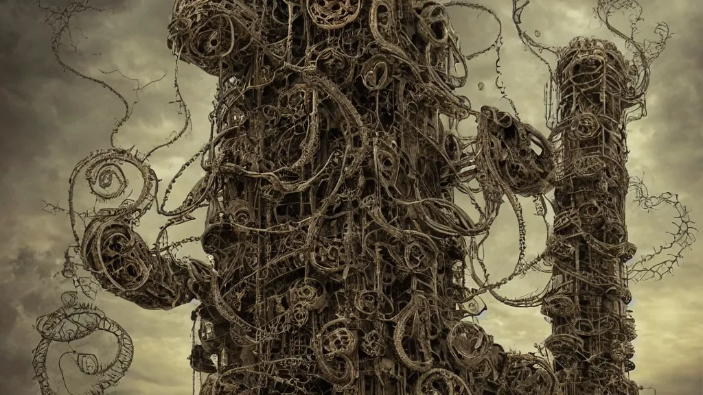 Image similar to bio-organic fleshy detailed machine tower! with tendrils!! and one eyeball!!! at the top, looking over a stormy post-apocalyptic wasteland, dystopian art, wide lens