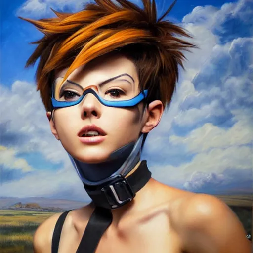 Image similar to oil painting of tracer overwatch in a field, in style of mark arian, expressive face, very detailed face, wearing large detailed black collar, very detailed eyes, full body, feminine face, detailed makeup on eyes,