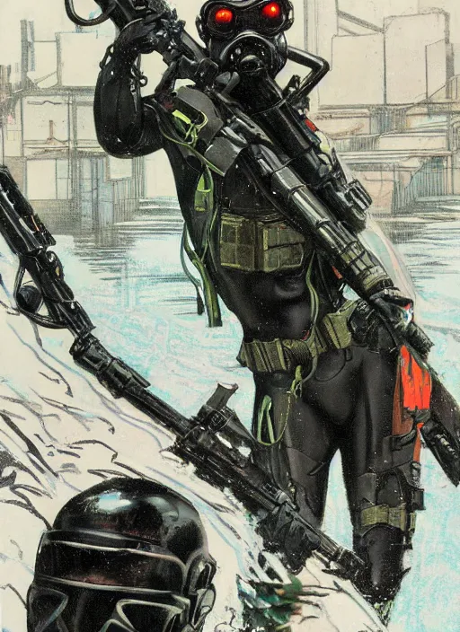 Image similar to black cat. USN blackops operator emerging from water at the shoreline. Operator wearing Futuristic cyberpunk tactical wetsuit and looking at an abandoned shipyard. Frogtrooper. rb6s, MGS, and splinter cell Concept art by James Gurney, Alphonso Mucha. Vivid color scheme.