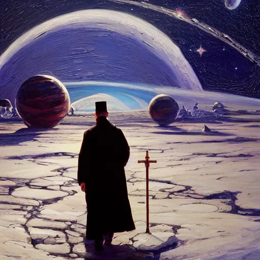 Image similar to an epic painting of an orthodox patriarch walking along an airless icy planet in the endless starry night of space, unreal 5, DAZ, detailed, soft focus, brilliant, 4k, 8k, HD, trending on artstation, art by Rick Guidice painting by Robert McCall by John Harris, abstract