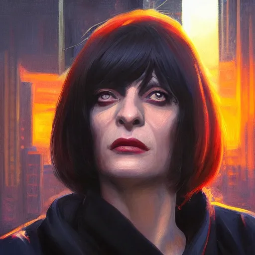 Image similar to a closeup portrait of mia wallace, dramatic light, city background, sunset, high contrast, sharp, painted by stanley lau, painted by greg rutkowski, painted by stanley artgerm, digital art, trending on artstation