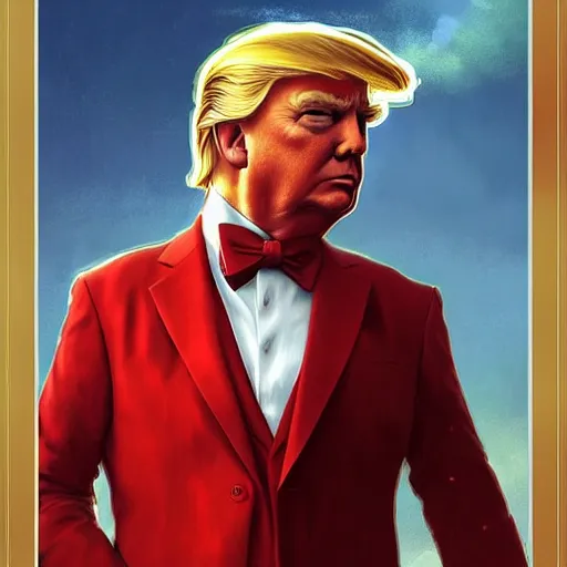 Image similar to donald trump as a communist, saluting, red suit, art by artgerm, greg rutkowski, alphonse mucha, studio portrait, highly detailed, digital art, elegant, intricate, concept art, trending on artstation