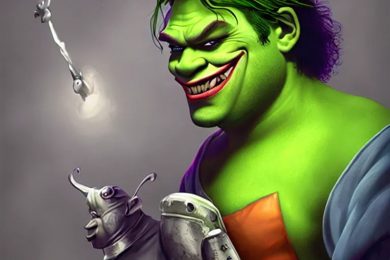 Prompt: shrek as joker, cinematic chiaroscuro, photorealistic, unreal engine, artwork by Ross Tran