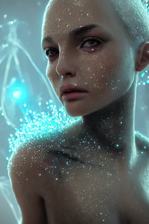 Image similar to skin concept, biopunk, in full growth, magical smoky translucent luminous sparkling crystals, many details, 3 d, cinematic, hyper realism, high detail, octane render