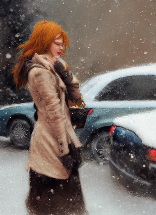 Image similar to emma stone getting out of a taxi in winter, artwork by gaston bussiere, craig mullins, trending on artstation