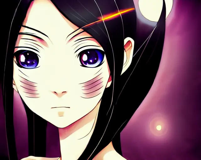 Prompt: portrait of hopeful moon goddess, hazel eyes, jet black hair, beautiful, symmetrical, anime, concept art