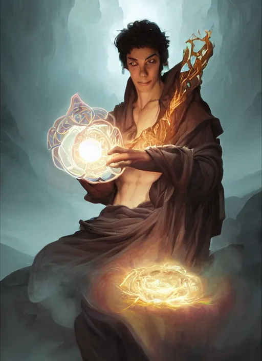 Image similar to character concept portrait of an attractive young Spanish wizard with tan skin conjuring a destruction spell, a floating iridescent spell book in the center, intricate, elegant, digital painting, concept art, smooth, sharp focus, illustration, from Metal Gear, by Ruan Jia and Mandy Jurgens and William-Adolphe Bouguereau, Artgerm