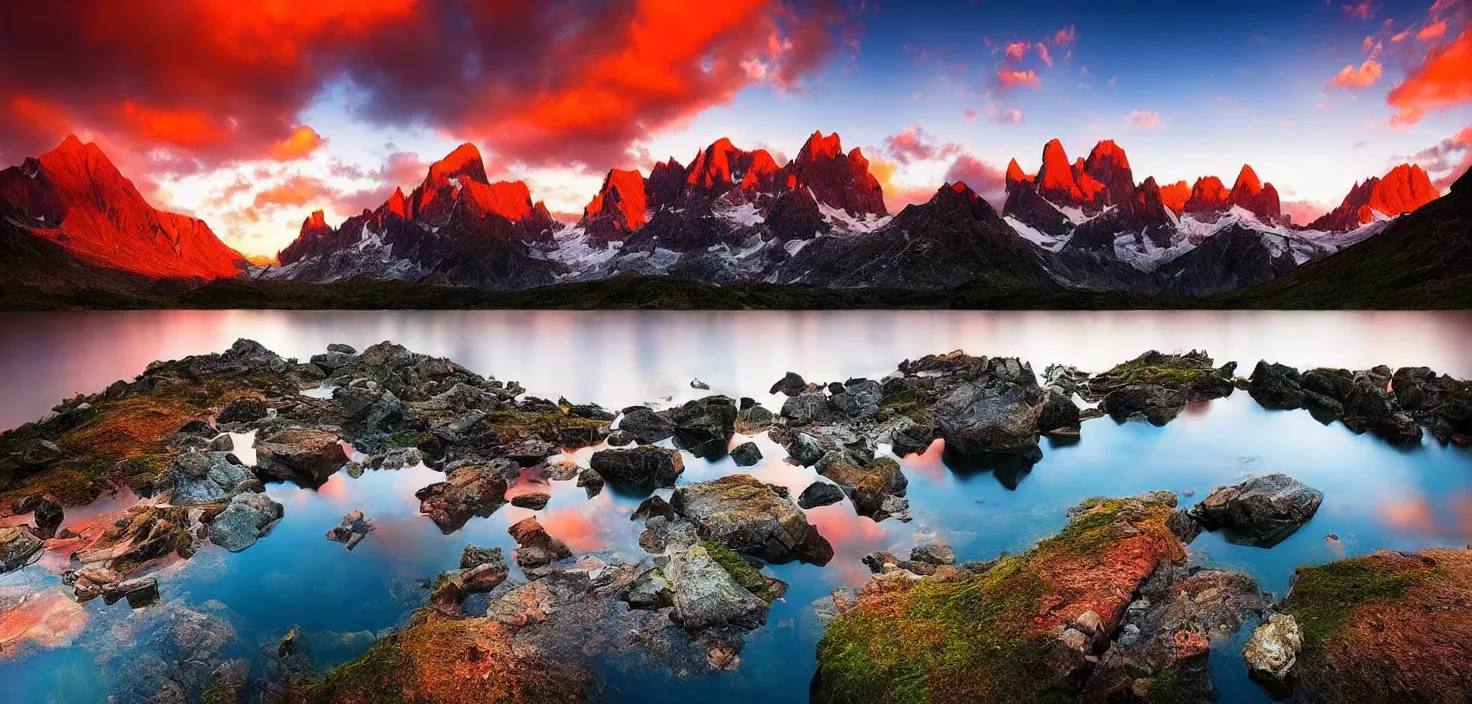 Image similar to amazing landscape photo of mountains with lake in sunset by marc adamus, beautiful dramatic lighting