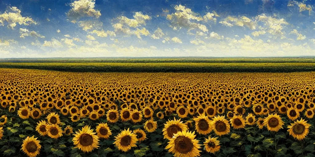 Image similar to Hyper realistic oil painting of an endless sunflower field, high contrast, deep and bright colors, blue skies, cinematic, by greg rutkowski