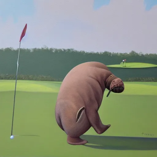 Image similar to oil painting of a bipedal walrus playing golf,