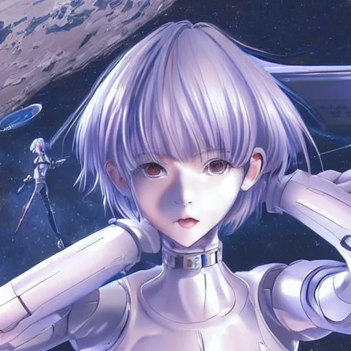 Image similar to This is a digital art piece by Yoshiyuki Sadamoto that is trending on artstation. It is a 8K UHD image of Rei Ayanami, a female anime character, inside a space station with technological rings. She is shot from the ground by Yoshiyuki Sadamoto. The environment is a concept design and the art is hyper realistic with intricate details.