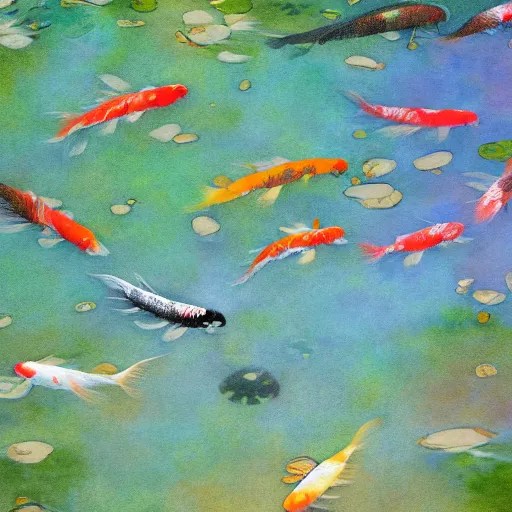 Prompt: dozens of the koi fish swimming in the open space, digital painting by Jonathan Quintin