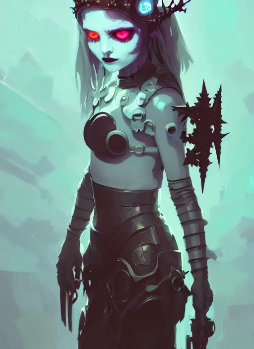 Prompt: portrait of cute goth maiden girl with crown of thorns in cyber armor, warhammer, cyberpunk, by atey ghailan, by greg rutkowski, by greg tocchini, by james gilleard, by joe fenton, by kaethe butcher, dynamic lighting, gradient light blue, brown, blonde cream and white color in scheme, grunge aesthetic