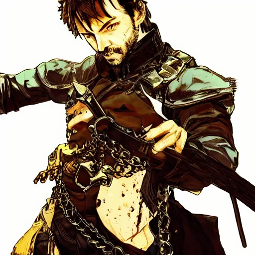 Image similar to portrait of a hero holding his sword in front of his face by yoji shinkawa, high quality, extra details, realism, ornate, colored, golden chain, blood, white skin, short hair, brown eyes, vivid, sunlight, dynamic, american man, freedom