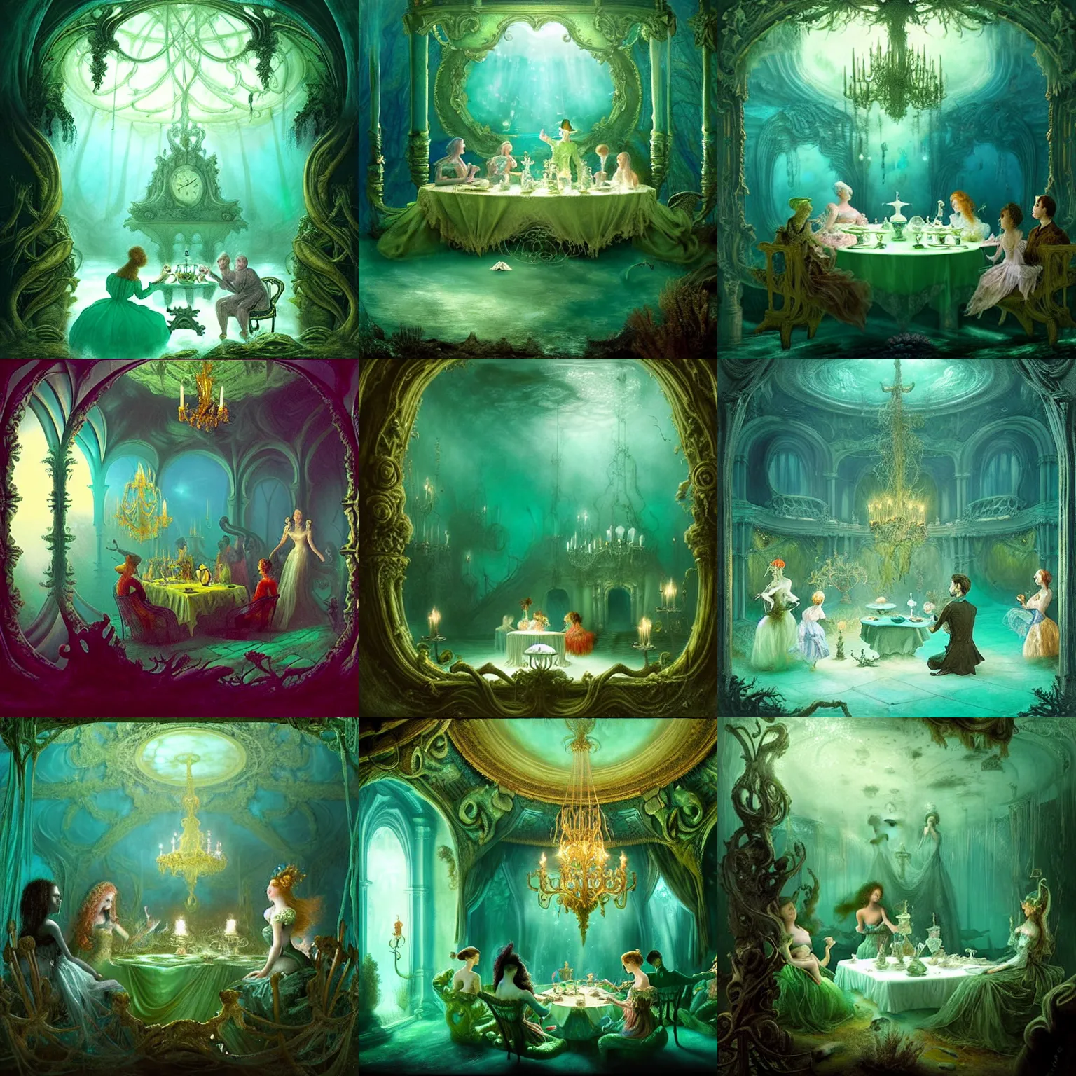 Prompt: Tea party in a creepy underwater rococo hall, at the bottom of the lake. mystical, atmospheric, greenish blue tones, underwater photography, concept art by Annie Stegg Gerard, Ian David Soar, John Anster Fitzgerald, and John Everett Millais