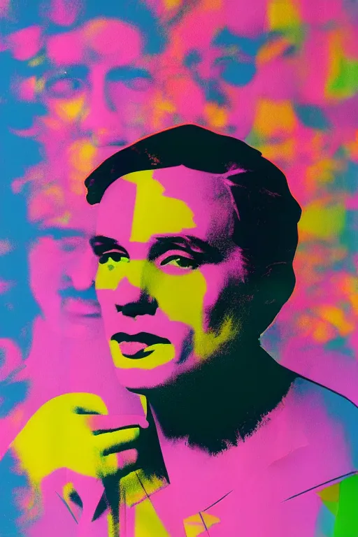 Image similar to colorful portrait of andy warhol, bloom flowers, modern, eclectic, illustration, studio lighting, matte background, by ramon casas