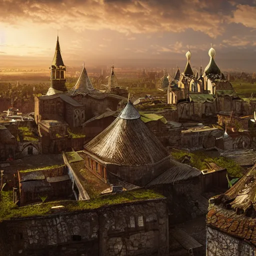 Prompt: photo ancient Slavic Russian city of Kitezh, concept art, magical city, fantasy cityscape, ancient Slavs, wooden buildings, ancient Russian architecture, terem, hyperborea, top cinematic lighting , cinematic mood, very detailed, shot in canon, 8k, high resolution