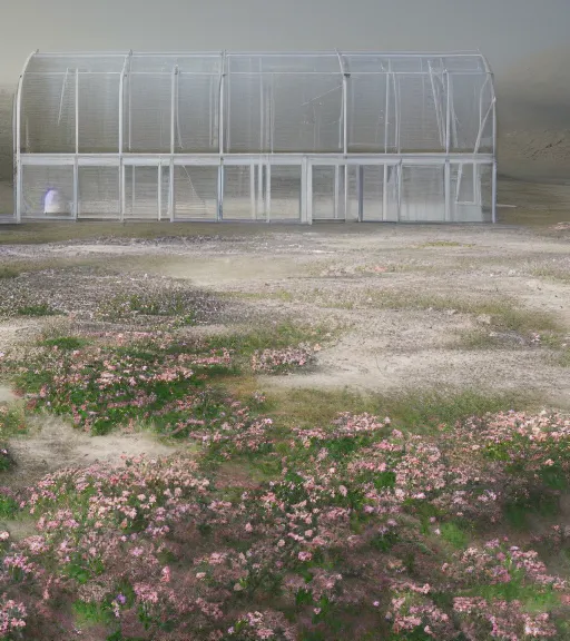 Prompt: a matte painting of a white biroremediation architecture, greenhouse in the mining tailings in the desert, prairie, cottage town, foggy, patchy flowers, oil painting, pale colors, high detail, 8 k, wide angle, trending on artstation, behance