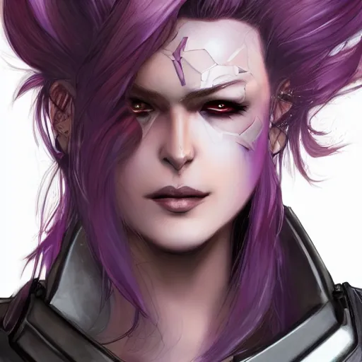 Image similar to extreme close up portrait, pale woman with flowing purple hair in rusty sci - fi power armor, high detail, eyepatch, stoic, elegant, muscles, powerful, commanding, by stjepan sejic, sunstone, dc comic, marvel comic