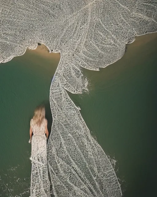 Image similar to a woman standing on a beach, made of intricate decorative lace leaf skeleton, shot from a drone, in the style of the dutch masters and gregory crewdson, dark and moody