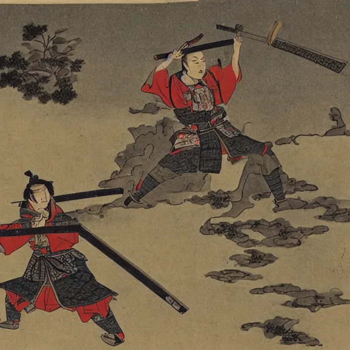 Prompt: a samurai firing a machine gun