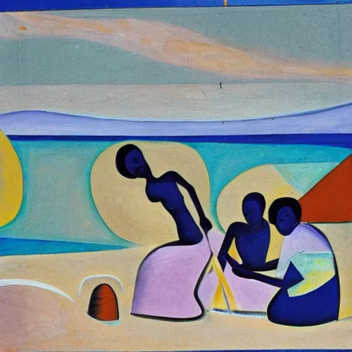 Prompt: two African Women weaving a net by the ocean as the tide comes in , high quality art in the style of cubism and georgia o’keefe,