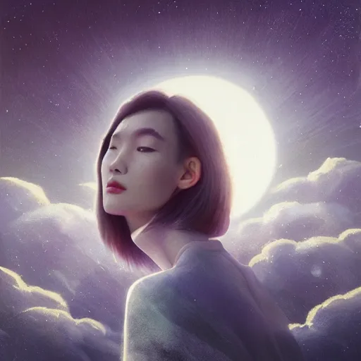 Prompt: 3 d, sci - fi, night, moon, moon rays, smiling fashion model face, cinematic, clouds, vogue cover style, realistic painting, intricate oil painting, high detail illustration, figurative art, multiple exposure, poster art, 3 d, by tooth wu and wlop and beeple and greg rutkowski