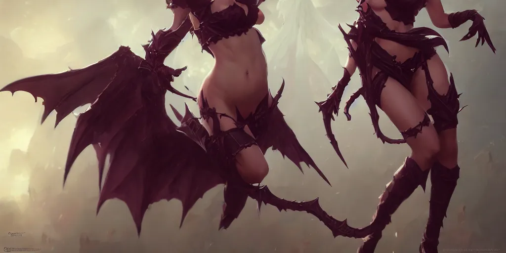 Image similar to a cute succubus, model pose, fantasy, d & d, by greg rutkowski and raymond swanland, sharp focus, trending on artstation, 8 k realistic digital art, cryengine, symmetric, league of legends splash art, concept art, frostbite 3 engine