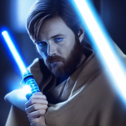 Prompt: Solemn still of Phoenix Wrist as Obi Wan Kenobi, holding a blue lightsaber, trending on artstation, 8k