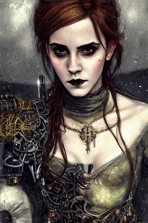 Prompt: beautiful gothic Emma Watson, cyberpunk, Warhammer, highly detailed, artstation, illustration, art by Gustav Klimt