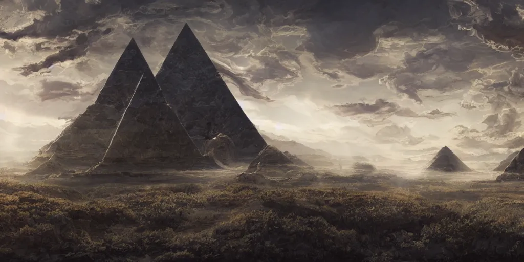 Image similar to beautiful painting of a landscape with levitating obsidian alien pyramids with by kim jakobsson, takato yamamoto, clement - auguste andrieux and santiago caruso trending on artstation sunshine rays cryengine behance hd 8 k 3 d 8 k resolution photoillustration ambient occlusion, stars with lasers, nyarlathotep by arrivabene