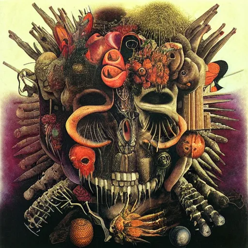 Image similar to post - punk new age album cover, magic, apocalypse, psychedelic, psychonaut, black white pink, magic, giger h. r., giuseppe arcimboldo