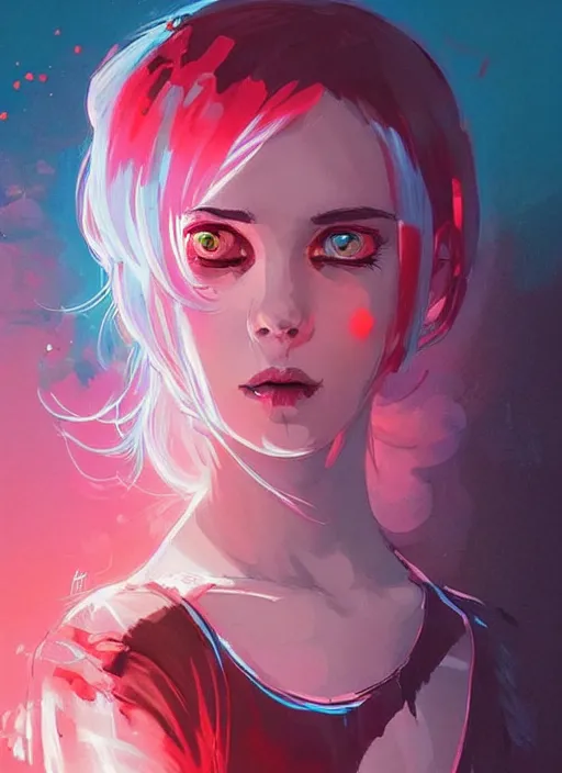 Image similar to highly detailed portrait of a ghost likely girl with neon red eyes, short white hair by atey ghailan, by greg rutkowski, by greg tocchini, by james gilleard, by joe fenton, by kaethe butcher, totally colorful, rainbow, neon coloring, dramatic lighting, chromatic, high contrast, trending in pinterest, award winning details